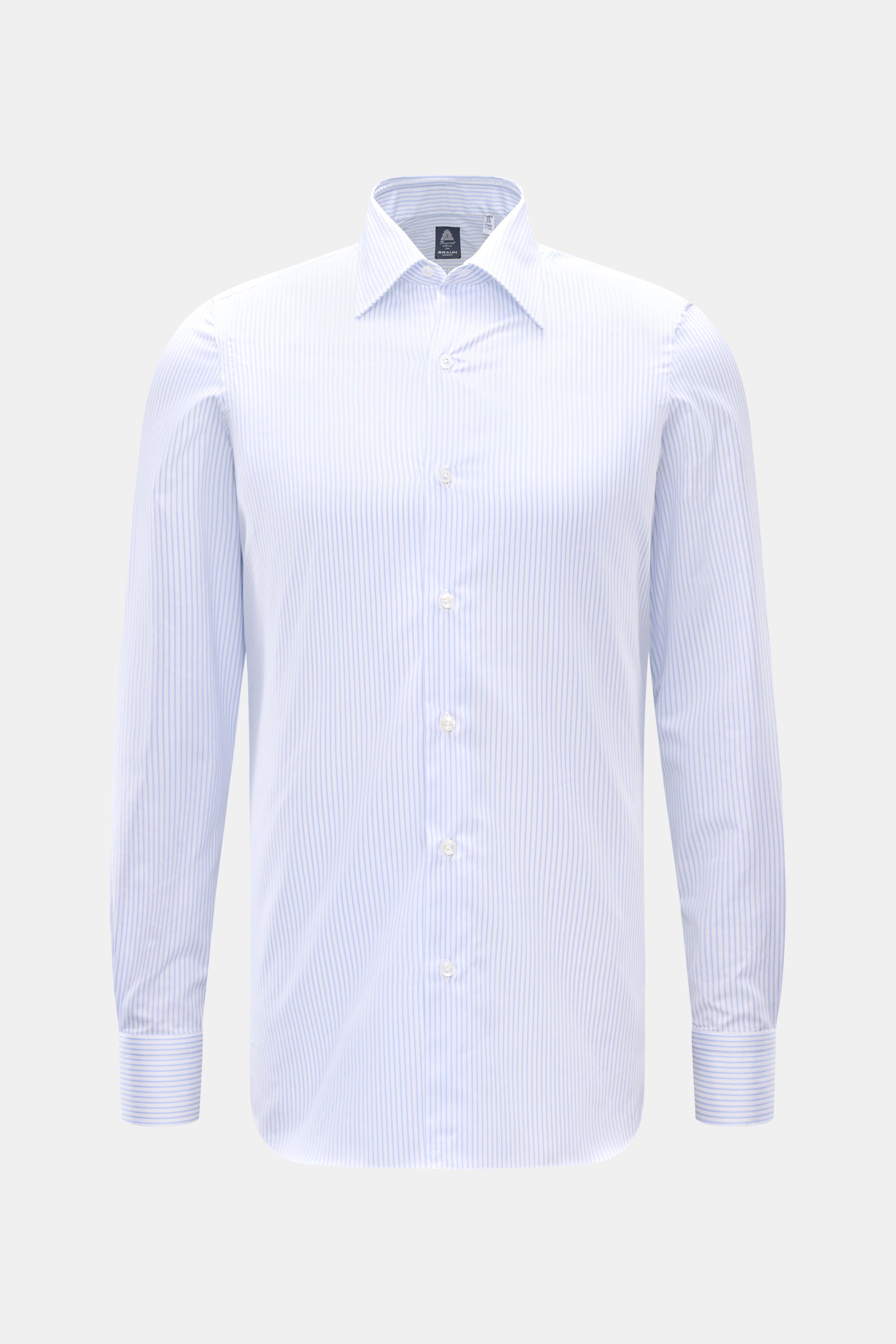 Frontale Ansicht des Finamore Business Hemd 'Rodi Napoli' Kent-Kragen hellblau/weiß gestreift aus feiner Baumwoll-Gabardine, Slim Fit, glatter Griff, extralange Ärmel, französische Knopfleiste, klassische Sportmanschette, gerundeter Saumverlauf.