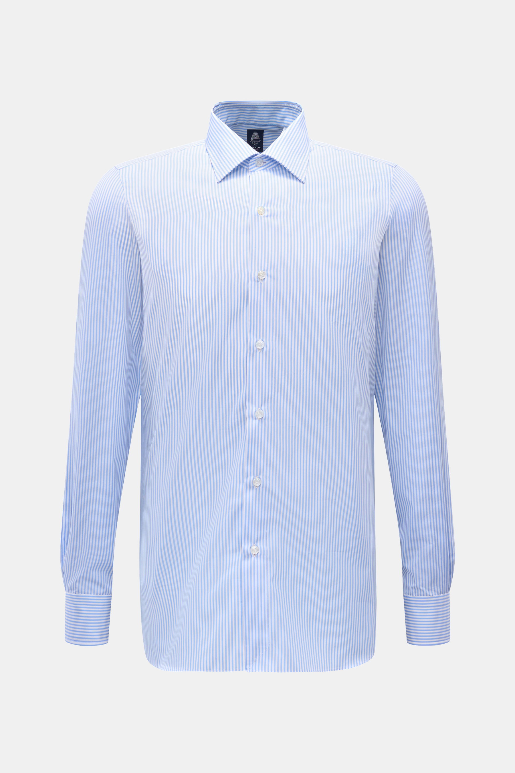 Finamore Business Hemd 'Rodi Napoli' Kent-Kragen hellblau/weiß gestreift, Popeline Baumwolle, glatter Griff, Slim Fit, extralange Ärmel, französische Knopfleiste, Sportmanschette, gerundeter Saum, Frontalansicht.