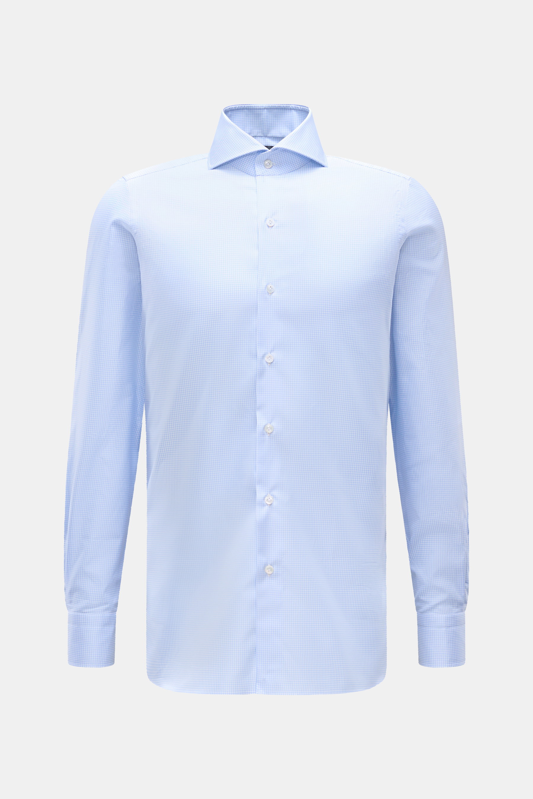 Finamore Business Hemd 'Sergio Napoli' Haifisch-Kragen hellblau/weiß kariert, frontal, Gabardine aus reiner Baumwolle, glatter Griff, Regular Fit, extralange Ärmel, französische Knopfleiste, klassische Sportmanschette, gerundeter Saumverlauf.