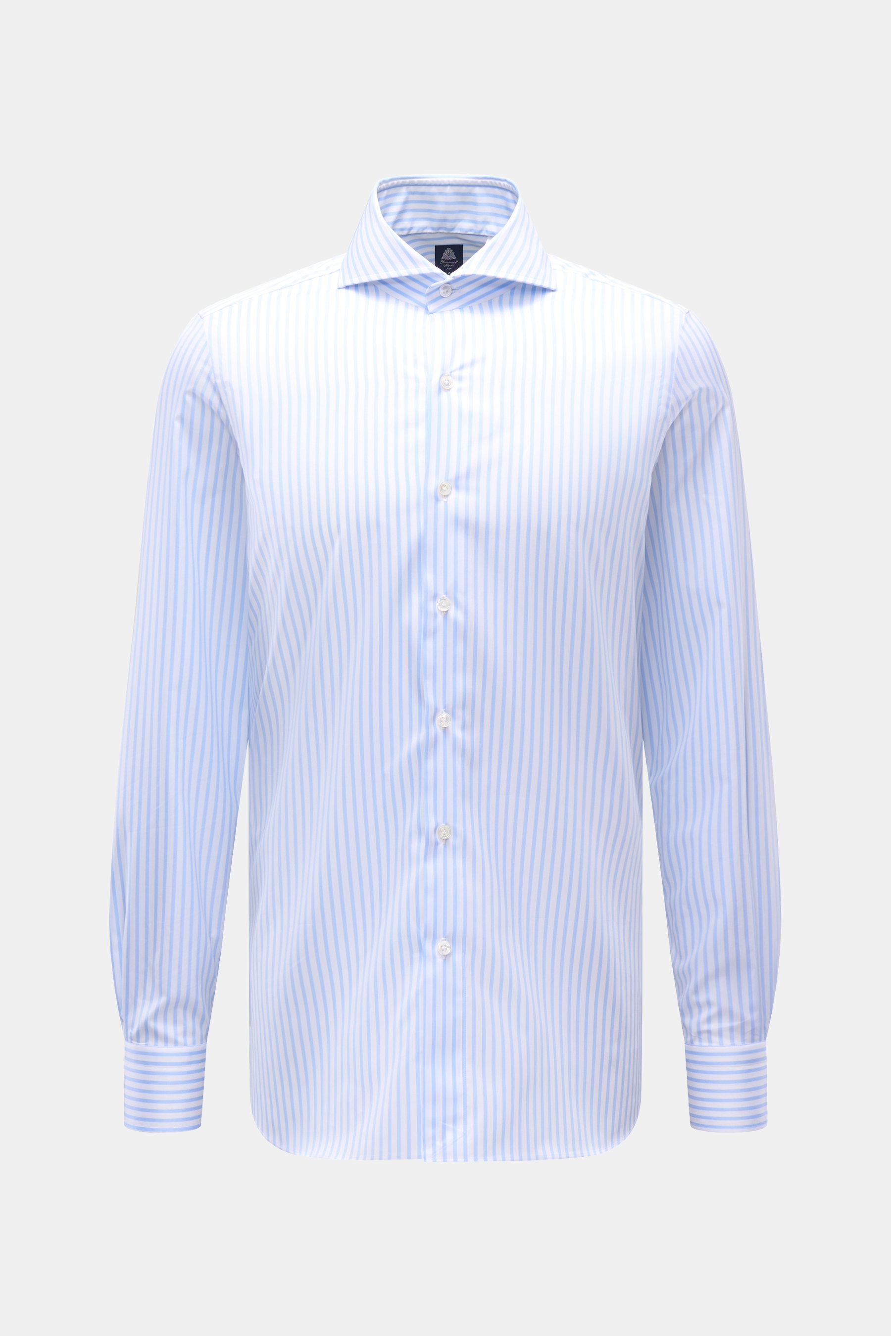Finamore Business Hemd 'Sergio Napoli' hellblau/weiß gestreift, Twill Baumwolle, Regular Fit, Haifisch-Kragen, extralange Ärmel, Sportmanschette, französische Knopfleiste, gerundeter Saum, Frontansicht.