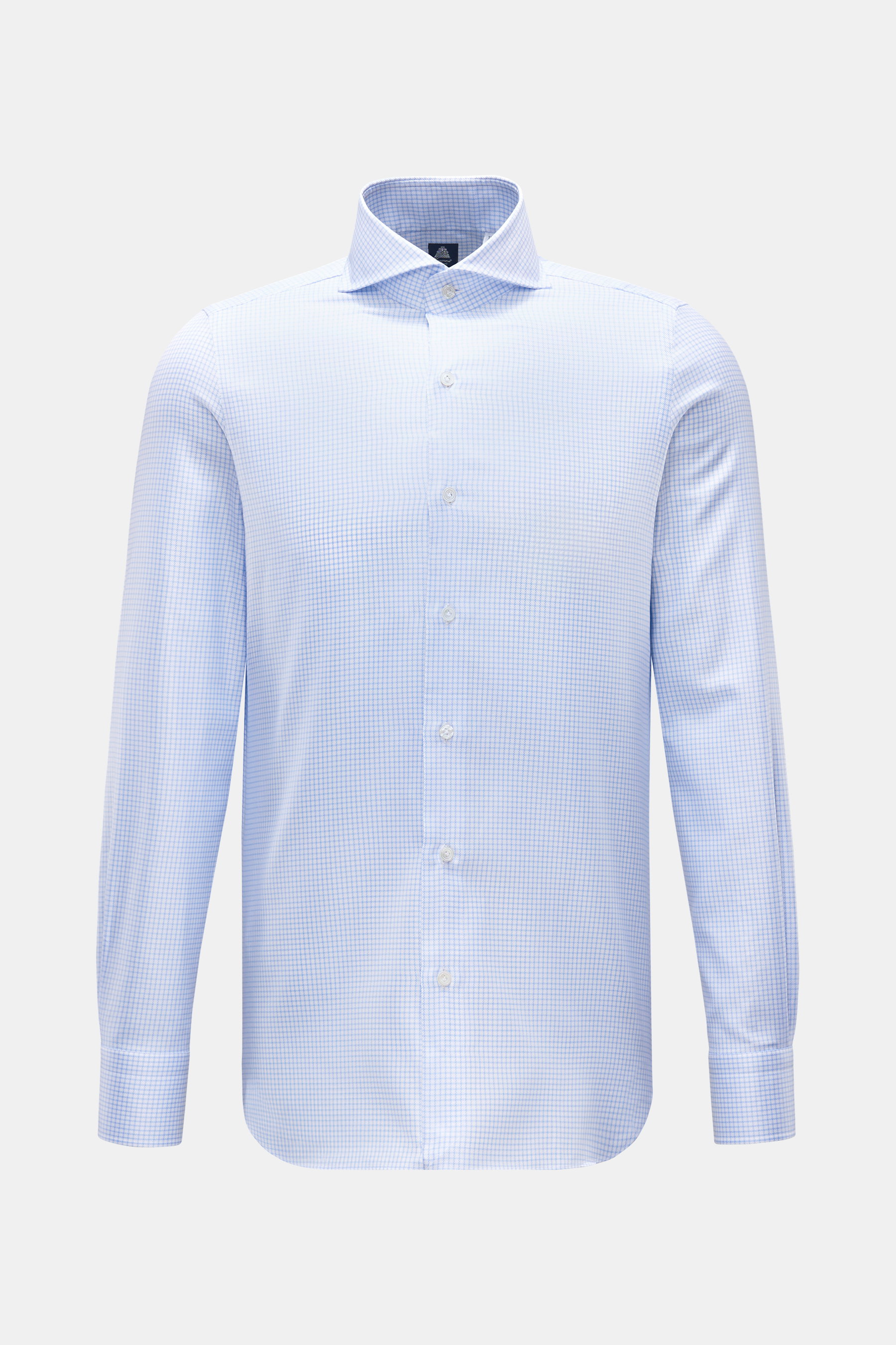 Finamore Business Hemd 'Sergio Napoli' Haifisch-Kragen hellblau/weiß kariert, Slim Fit, reine Baumwolle, weicher Griff, Gitterkaro, extralange Ärmel, französische Knopfleiste, Sportmanschette, gerundeter Saum, Frontansicht.