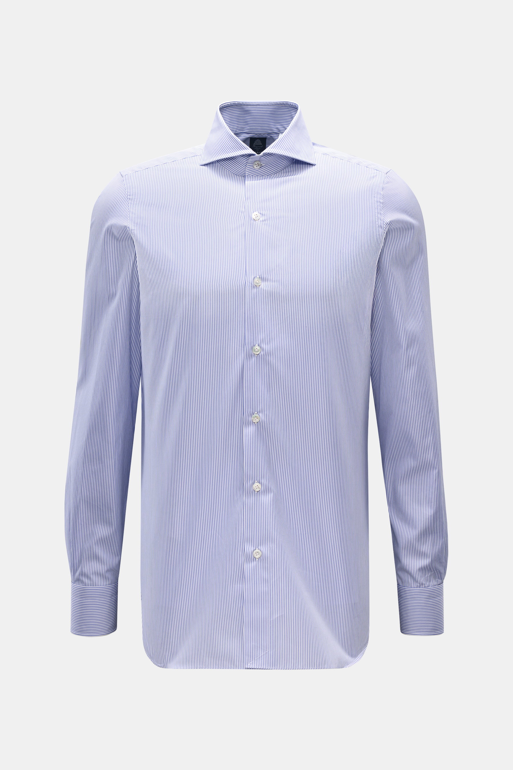 Finamore Business Hemd 'Sergio Napoli' Haifisch-Kragen blau/weiß gestreift, Slim Fit, Popeline, glatter Griff, extralange Ärmel, frontal fotografiert.
