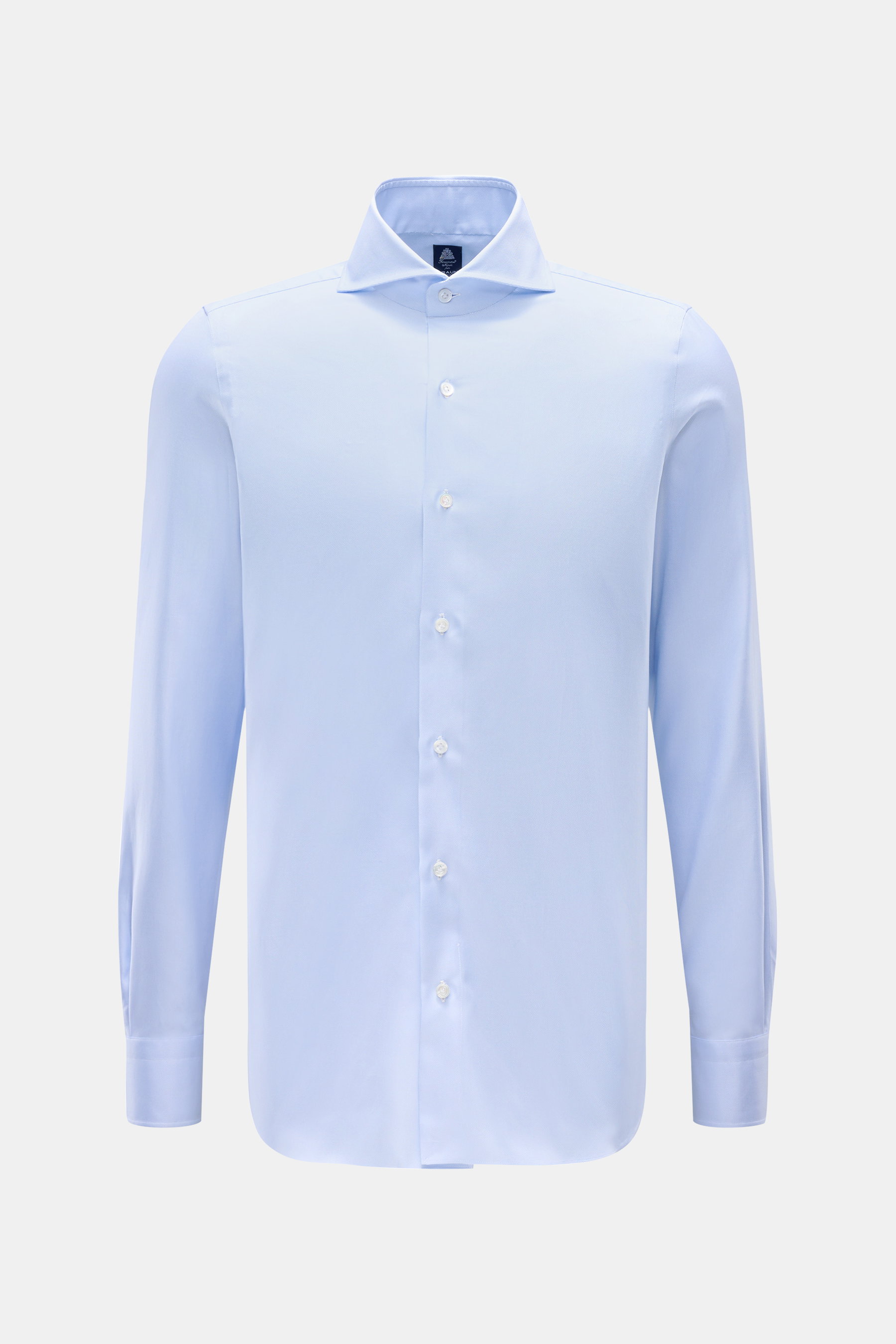 Finamore Oxford-Hemd 'Sergio Napoli' Haifisch-Kragen hellblau, Oxford-Baumwolle, glatter Griff, Regular Fit, extralange Ärmel, französische Knopfleiste, Sportmanschette, gerundeter Saum, Vorderansicht.
