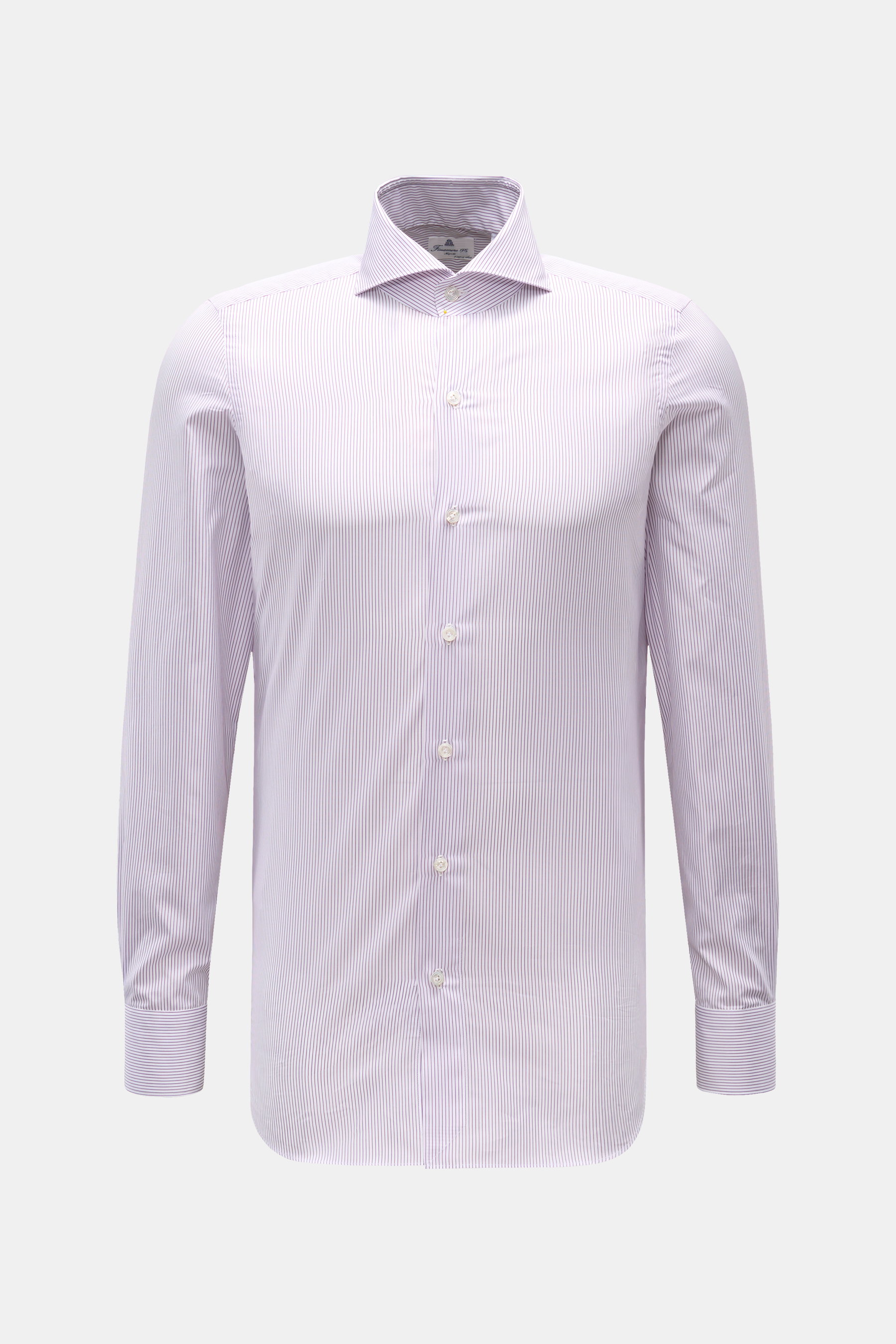 Finamore Business Hemd 'Sergio Milano' Haifisch-Kragen violett/weiß gestreift, Extra Slim Fit, reine Baumwolle, Sportmanschette, frontal fotografiert.