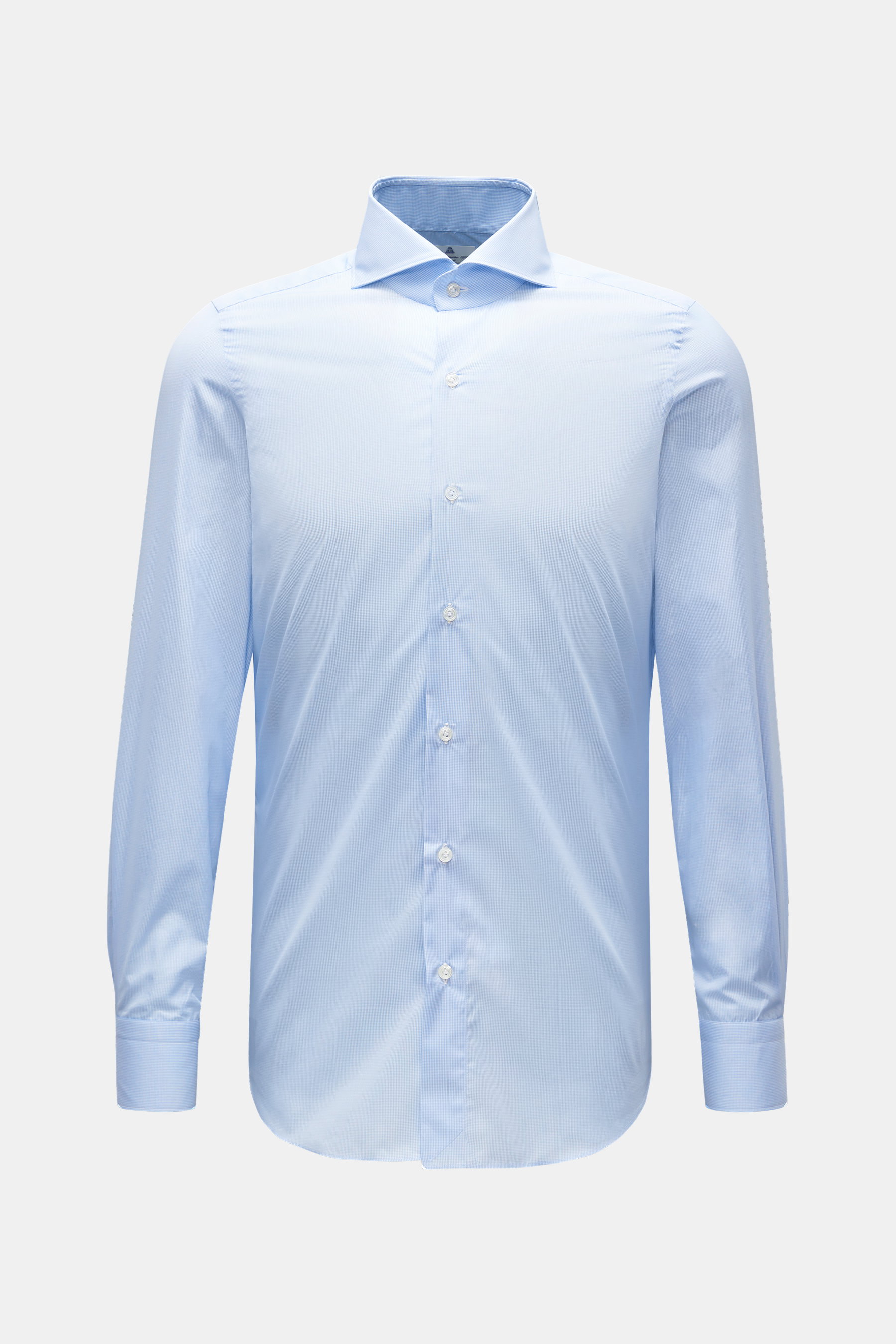 Finamore Business Hemd 'Sergio Milano' Haifisch-Kragen hellblau/weiß kariert, frontal, reine Giza-Baumwolle, kühler Griff, Micro-Gitterkaro, Extra Slim Fit, französische Knopfleiste, Sportmanschette, gerundeter Saum.