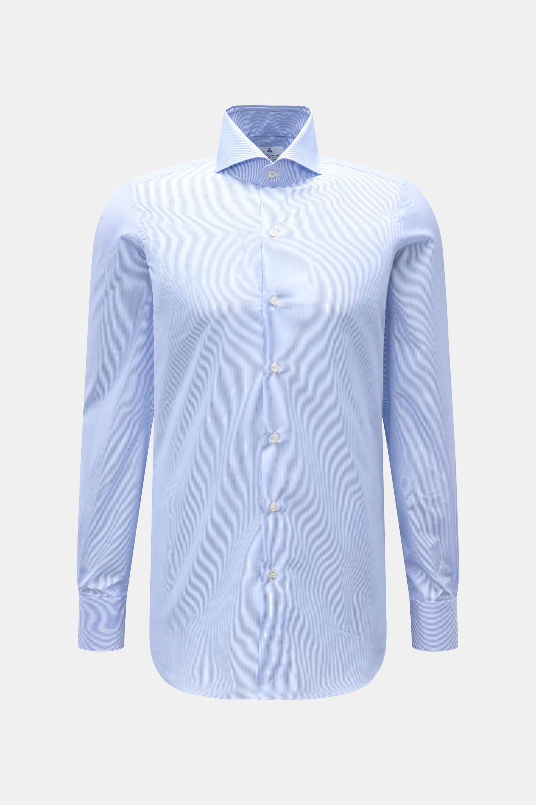 Finamore Business Hemd 'Sergio Milano' Haifisch-Kragen blau/weiß gestreift, reine Baumwolle, Extra Slim Fit, glatter Griff, Perlmuttknöpfe, Sportmanschette, gerundeter Saum, frontale Ansicht.