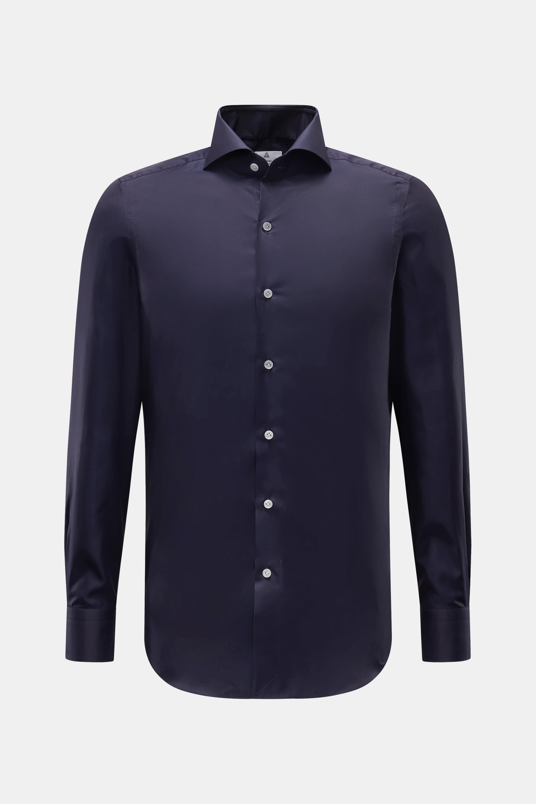 Finamore Business Hemd 'Sergio Milano' Haifisch-Kragen navy, frontale Ansicht, Extra Slim Fit, Giza-Baumwolle, klassische Sportmanschette, französische Knopfleiste.