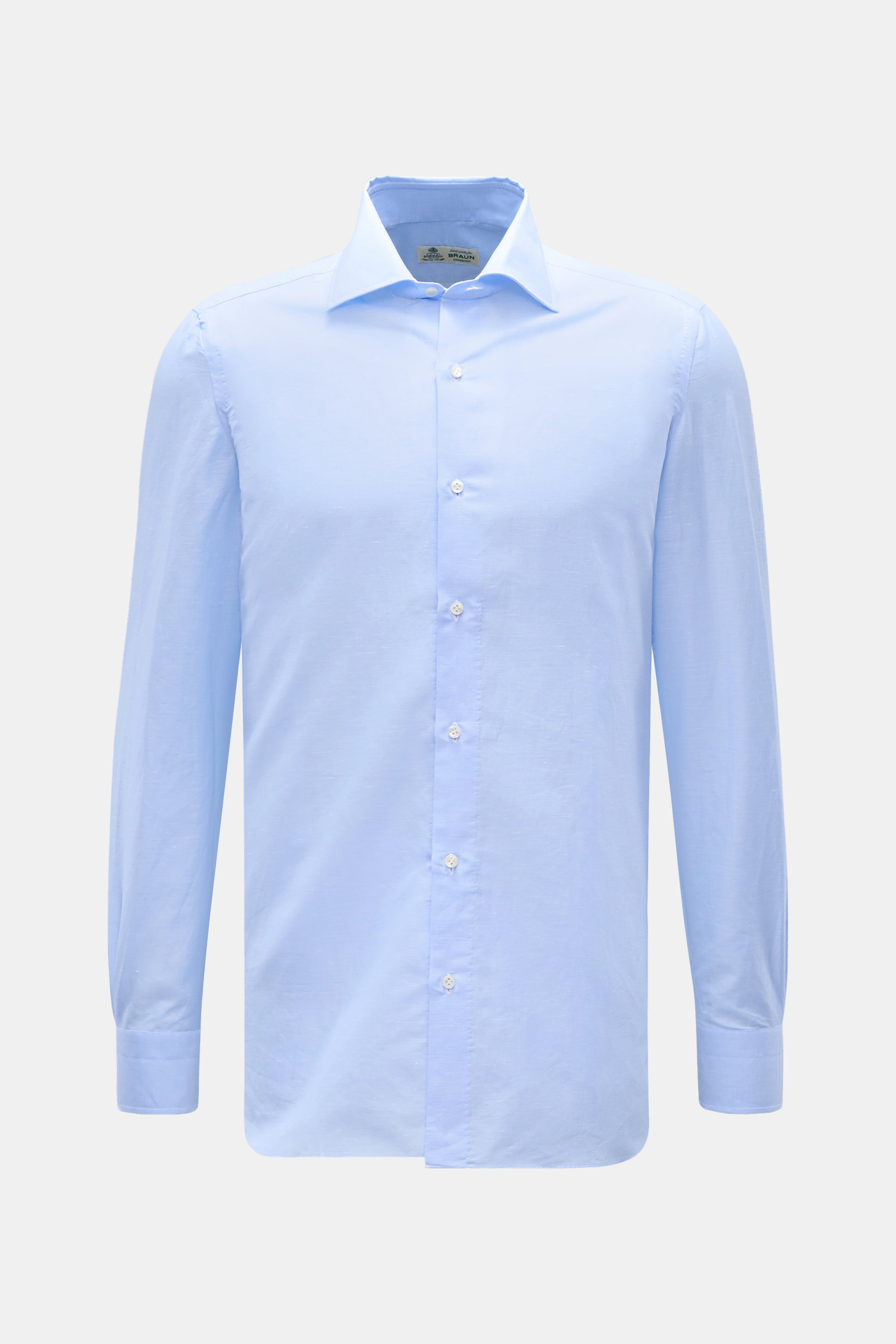 Borrelli Business Hemd 'Luciano' Kent-Kragen hellblau, Slim Fit, Leinen-Baumwoll-Mix, glatter Griff, französische Knopfleiste, Sportmanschette, gerundeter Saum, Vorderansicht.