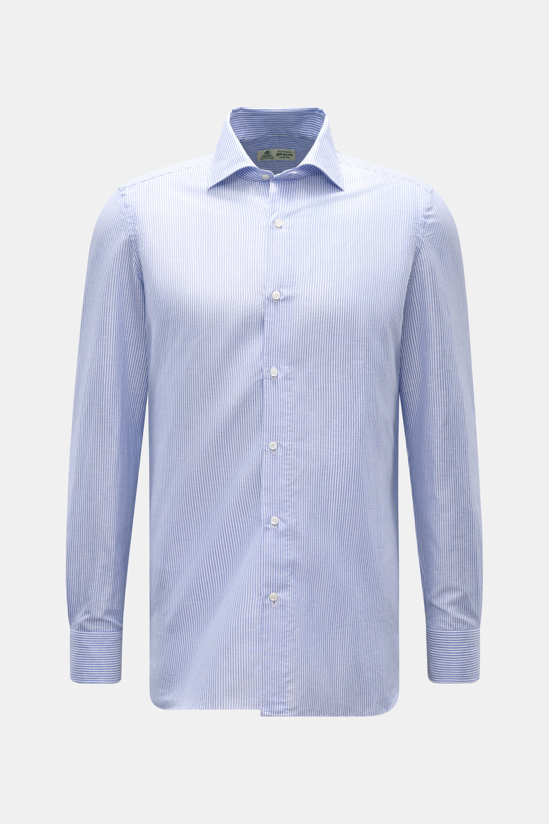 Borrelli Business Hemd 'Luciano' Kent-Kragen blau/weiß gestreift, Slim Fit, Leinen-Baumwoll-Mix, Perlmuttknöpfe, Sportmanschette, frontale Ansicht.