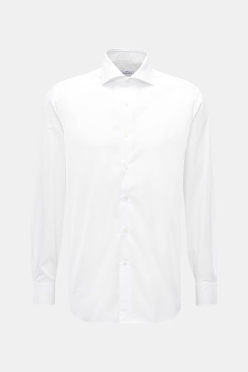 Gherardi Business Hemd Haifisch-Kragen weiß, frontale Ansicht, Gabardine aus reiner Baumwolle, glatter Griff, leichte Qualität, Slim Fit, französische Knopfleiste, klassische Sportmanschette, geteilte Rückenpasse, rückwärtige Taillenabnäher, gerundeter Sa