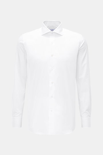 Gherardi Business Hemd Haifisch-Kragen weiß, frontale Ansicht, Slim Fit, reine Baumwolle, Popeline, Sportmanschette, französische Knopfleiste, gerundeter Saum