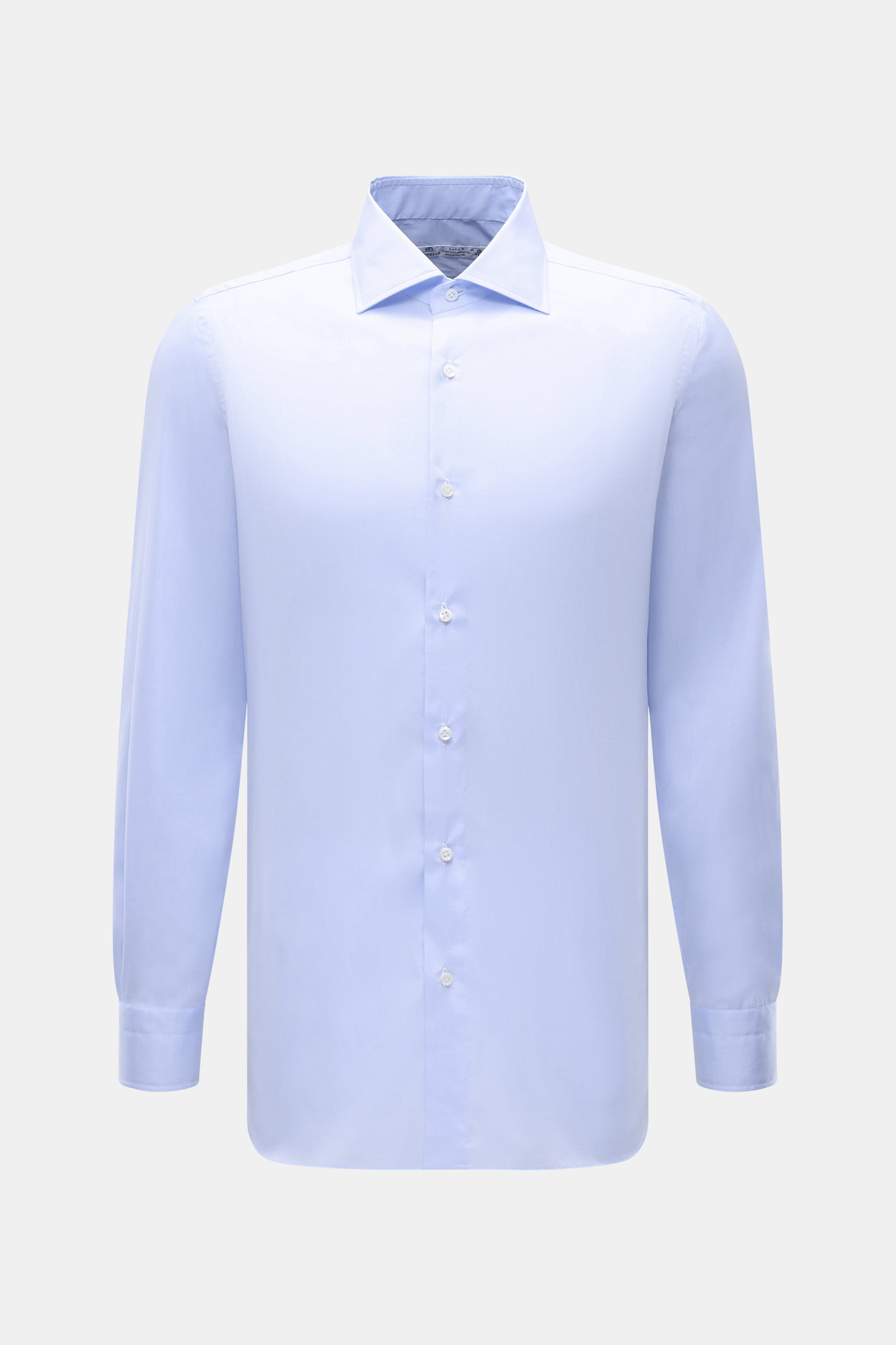 Borrelli Business Hemd 'Luciano' Haifisch-Kragen hellblau, Frontansicht, feinste Sakellaridis-Baumwolle, Slim Fit, Perlmuttknöpfe, Twill, Sportmanschette.