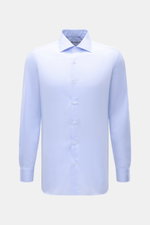 Borrelli Business Shirt 'Luciano' Shark Collar light blue, front view, slim fit, pure cotton twill, mother-of-pearl buttons, classic sport cuff, rounded hemline.