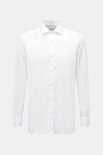 Borrelli Business Shirt 'Luciano' Shark Collar white shown from front, slim fit twill cotton with mother-of-pearl buttons, sport cuffs.