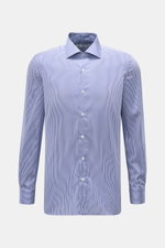 Borrelli Business Shirt 'Luciano' Shark Collar navy/white striped, front view showing slim fit, twill cotton, shark collar, mother-of-pearl buttons.