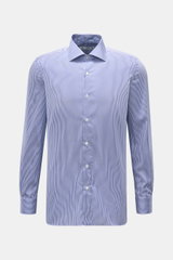 Borrelli Business Shirt 'Luciano' Shark Collar navy/white striped, front view showing slim fit, twill cotton, shark collar, mother-of-pearl buttons.