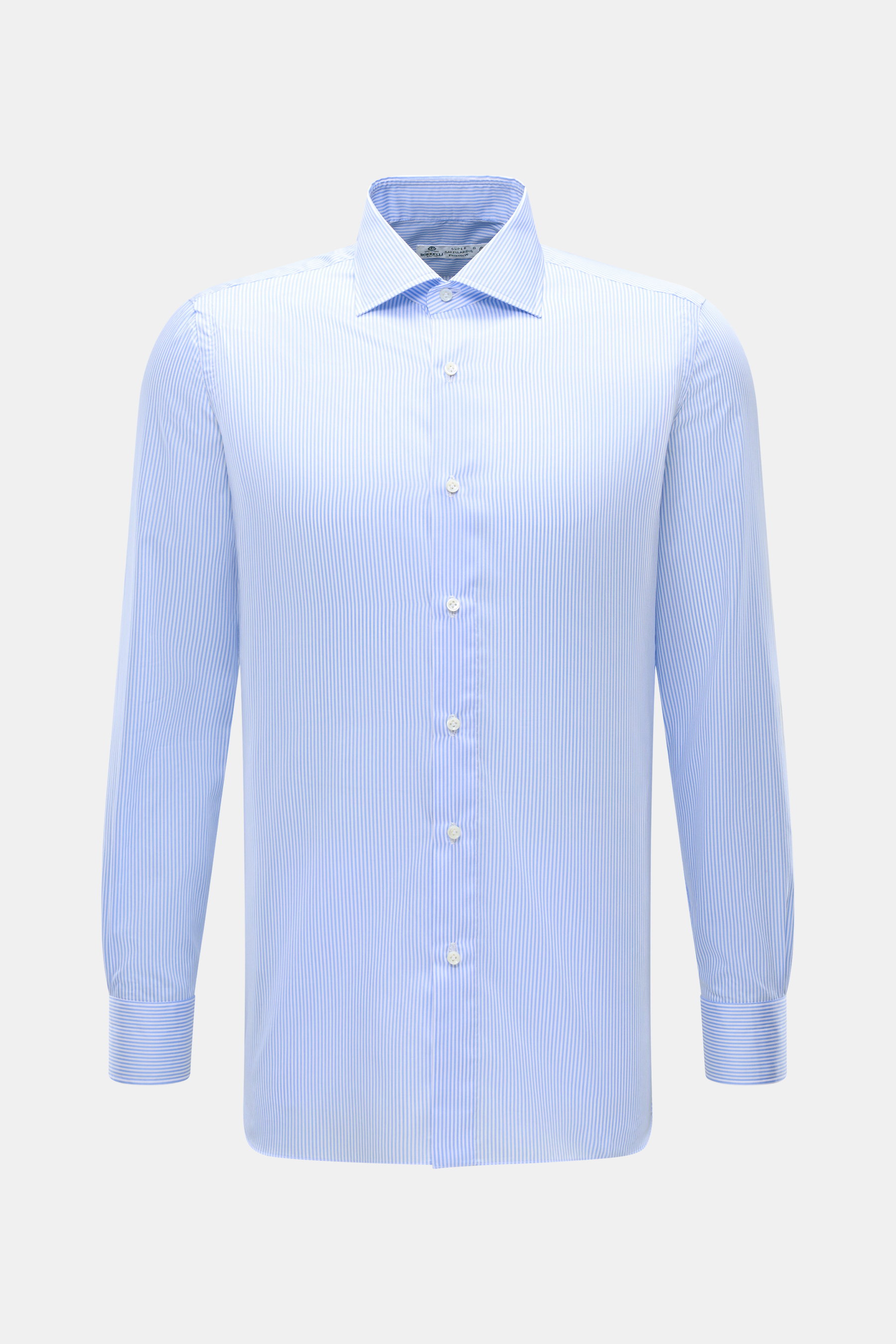 Borrelli Business Hemd 'Luciano' Haifisch-Kragen blau/weiß gestreift, Slim Fit, Twill-Baumwolle, Frontansicht, Perlmuttknöpfe, Taillenabnäher.
