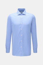 Borrelli Business Shirt 'Luciano' Shark Collar blue/white striped shown from front, slim fit twill cotton with mother-of-pearl buttons.