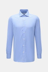 Borrelli Business Shirt 'Luciano' Shark Collar blue/white striped shown from front, slim fit twill cotton with mother-of-pearl buttons.
