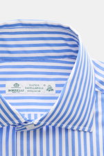 Borrelli Business Shirt 'Luciano' Shark Collar blue/white striped shown close-up from front top view, crafted from pure cotton twill with slim fit, shark collar, French button placket with mother-of-pearl buttons, classic sport cuff, back waist darts, and