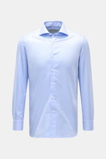 Front view of Borrelli Business Shirt 'Nando' Shark Collar Light Blue, pure cotton, slim fit, with French button placket, mother-of-pearl buttons, soft smooth touch, fine weave, classic sport cuff, and rounded hemline, showcasing masterful Neapolitan craf
