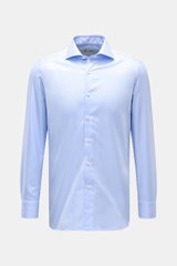 Front view of Borrelli Business Shirt 'Nando' Shark Collar Light Blue, pure cotton, slim fit, with French button placket, mother-of-pearl buttons, soft smooth touch, fine weave, classic sport cuff, and rounded hemline, showcasing masterful Neapolitan craf