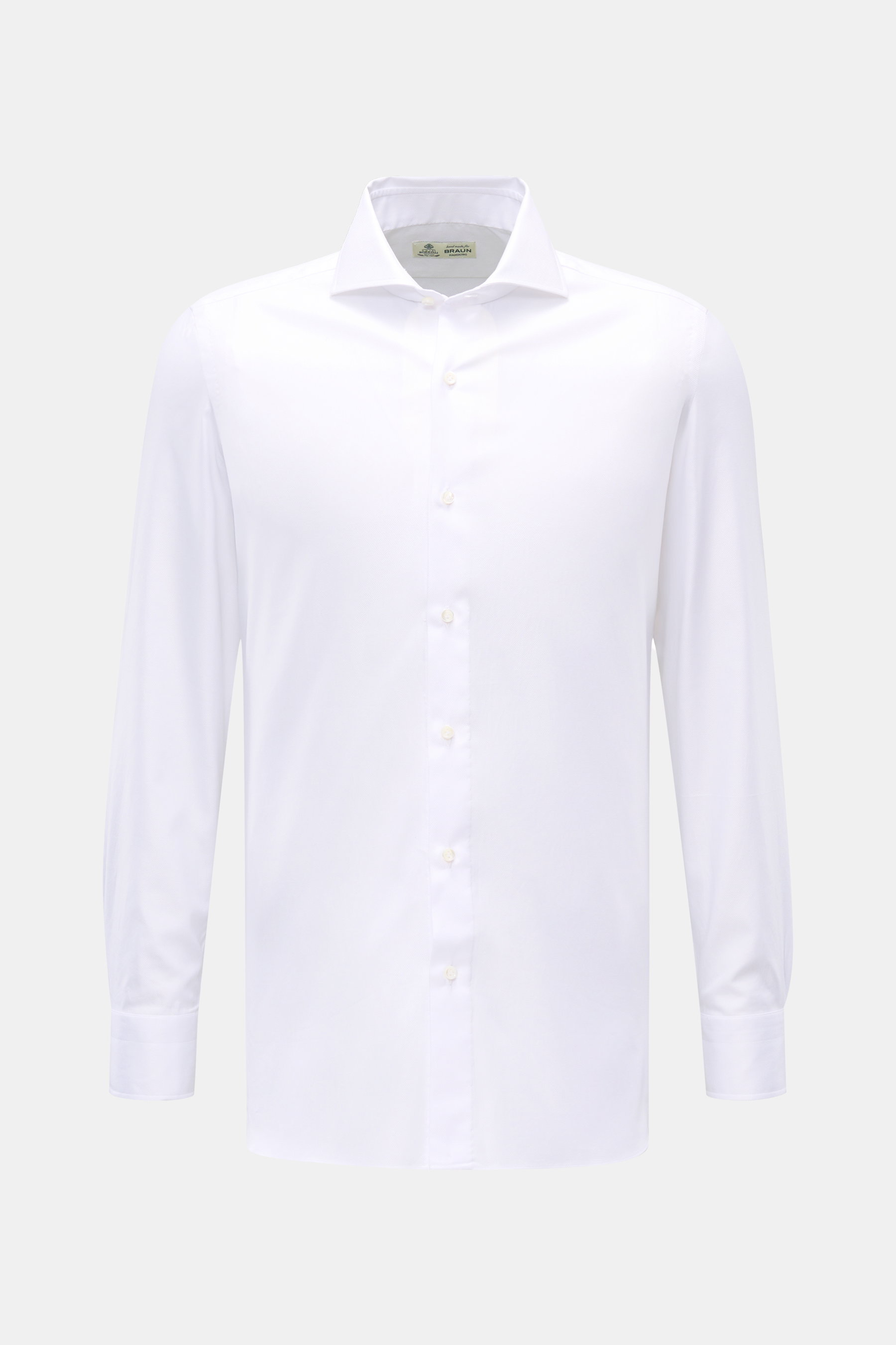 Front view of Borrelli Business Shirt 'Nando' Shark Collar white, pure cotton, slim fit, soft smooth touch, fine weave, mother-of-pearl buttons, sport cuff, rounded hemline, showcasing Neapolitan tailoring craftsmanship.