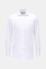 Front view of Borrelli Business Shirt 'Nando' Shark Collar white, pure cotton, slim fit, soft smooth touch, fine weave, mother-of-pearl buttons, sport cuff, rounded hemline, showcasing Neapolitan tailoring craftsmanship.