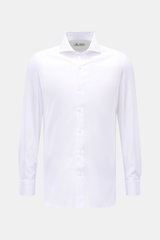 Front view of Borrelli Business Shirt 'Nando' Shark Collar white, pure cotton, slim fit, soft smooth touch, fine weave, mother-of-pearl buttons, sport cuff, rounded hemline, showcasing Neapolitan tailoring craftsmanship.