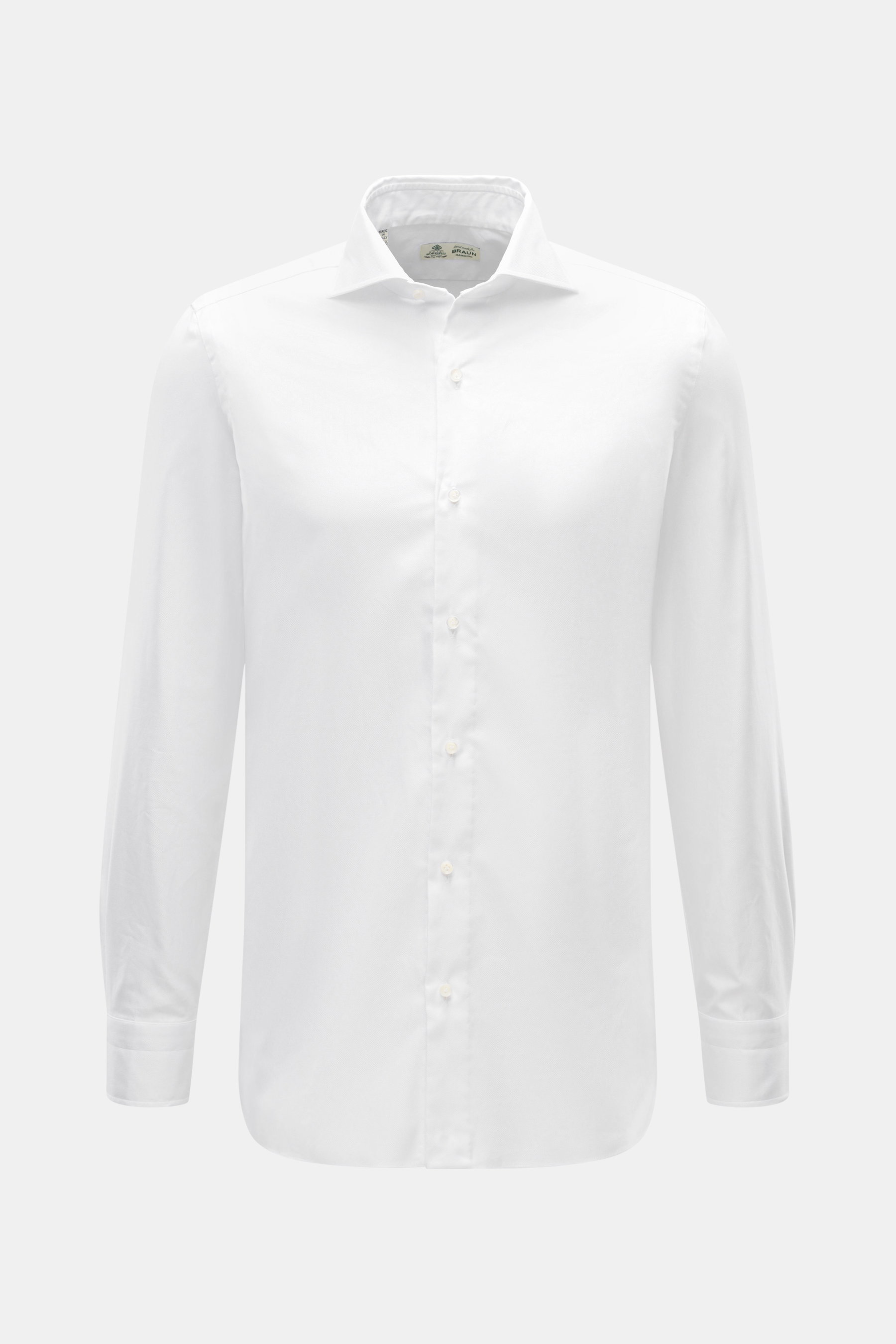 Borrelli Business Hemd 'Nando' Haifisch-Kragen weiß, Slim Fit, feines Oxford-Web, Perlmuttknöpfe, weich, glatter Griff, frontale Nahaufnahme.