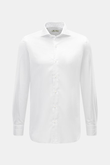 Borrelli Business Hemd 'Nando' Haifisch-Kragen weiß, Slim Fit, feines Oxford-Web, Perlmuttknöpfe, weich, glatter Griff, frontale Nahaufnahme.