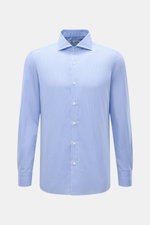 Front view of the Borrelli Business Shirt 'Nando' Shark Collar Blue/White Checkered, pure cotton poplin with mother-of-pearl buttons.