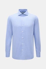 Front view of the Borrelli Business Shirt 'Nando' Shark Collar Blue/White Checkered, pure cotton poplin with mother-of-pearl buttons.