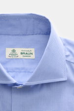 Borrelli Business Shirt 'Nando' Shark Collar Blue/White Checkered viewed from above, showing fine check pattern, pure cotton poplin, and label; masterful craftsmanship with elegant mother-of-pearl buttons, slim fit, French button placket, classic sport cu