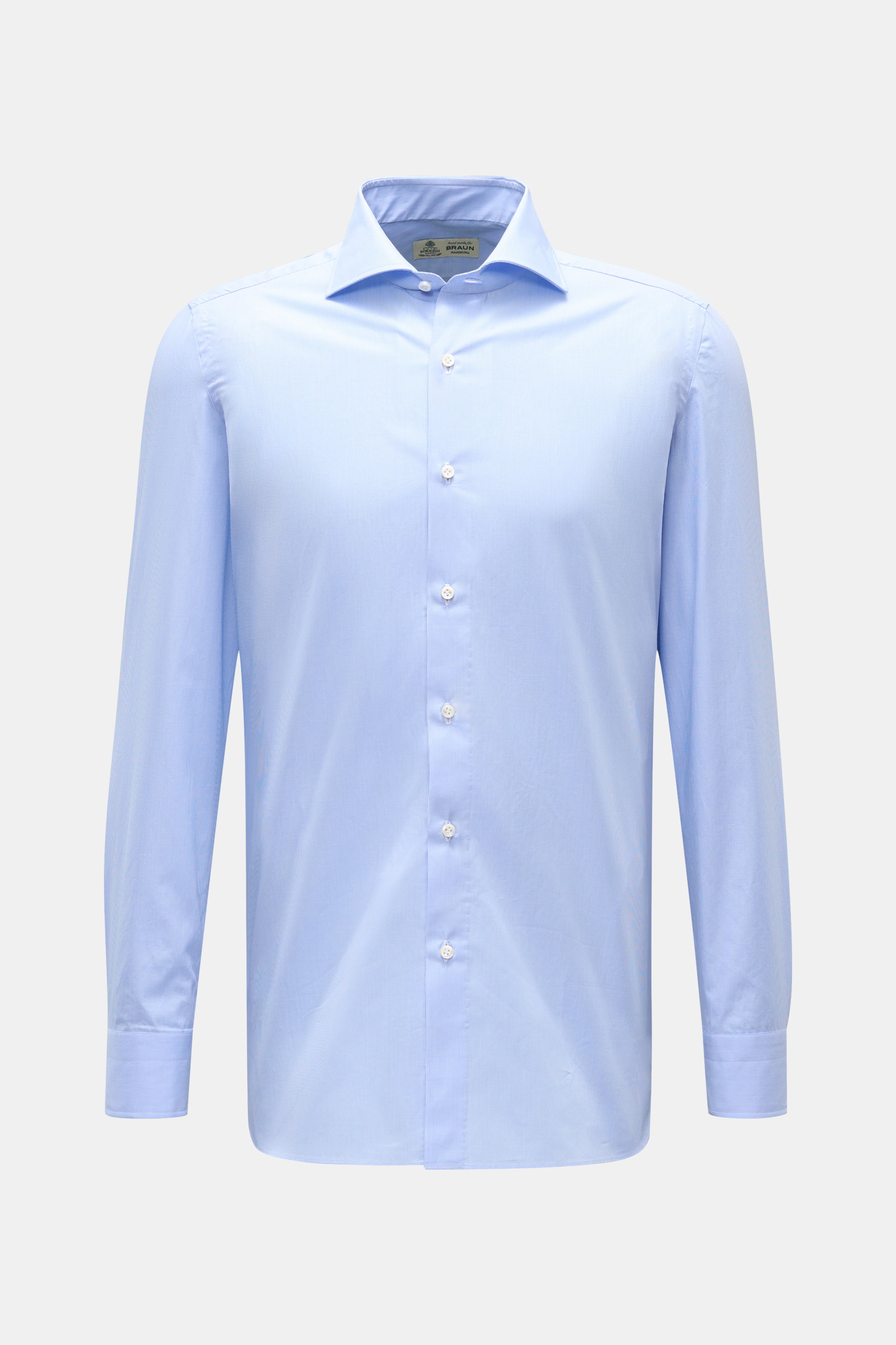 Borrelli Business shirt 'Nando' shark collar light blue/white checked shown from the front, slim fit poplin pure cotton with fine check pattern, French button placket with mother-of-pearl buttons, classic sport cuff, back waist darts, and rounded hem, emb