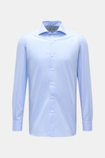 Borrelli Business shirt 'Nando' shark collar light blue/white checked shown from the front, slim fit poplin pure cotton with fine check pattern, French button placket with mother-of-pearl buttons, classic sport cuff, back waist darts, and rounded hem, emb