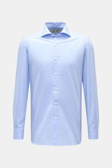 Borrelli Business shirt 'Nando' shark collar light blue/white checked shown from the front, slim fit poplin pure cotton with fine check pattern, French button placket with mother-of-pearl buttons, classic sport cuff, back waist darts, and rounded hem, emb
