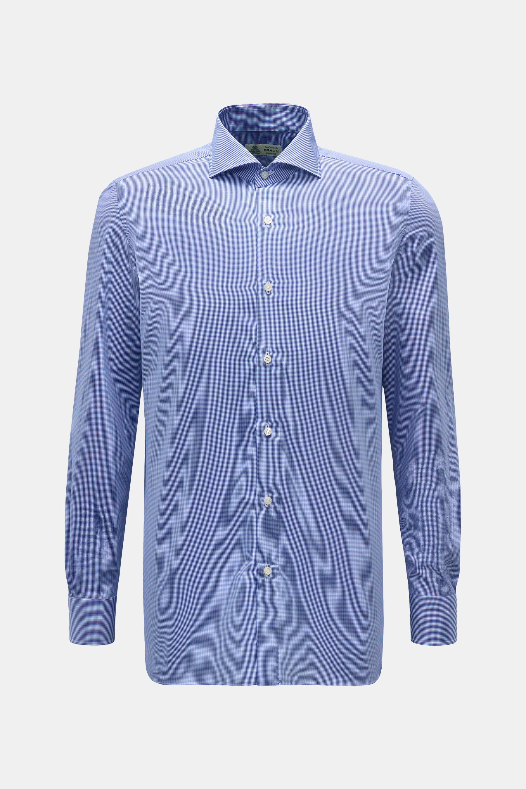 Front view of the Borrelli Business shirt 'Nando' shark collar dark blue/white checked, featuring poplin pure cotton, fine check pattern, slim fit, French button placket with mother-of-pearl buttons, classic sport cuff, back waist darts, and rounded hem, 