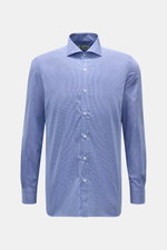 Front view of the Borrelli Business shirt 'Nando' shark collar dark blue/white checked, featuring poplin pure cotton, fine check pattern, slim fit, French button placket with mother-of-pearl buttons, classic sport cuff, back waist darts, and rounded hem, 