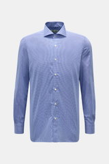 Front view of the Borrelli Business shirt 'Nando' shark collar dark blue/white checked, featuring poplin pure cotton, fine check pattern, slim fit, French button placket with mother-of-pearl buttons, classic sport cuff, back waist darts, and rounded hem, 