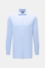 Borrelli Business shirt 'Nando' shark collar light blue/white checked shown from front, slim fit poplin cotton with mother-of-pearl buttons.