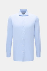 Borrelli Business shirt 'Nando' shark collar light blue/white checked shown from front, slim fit poplin cotton with mother-of-pearl buttons.