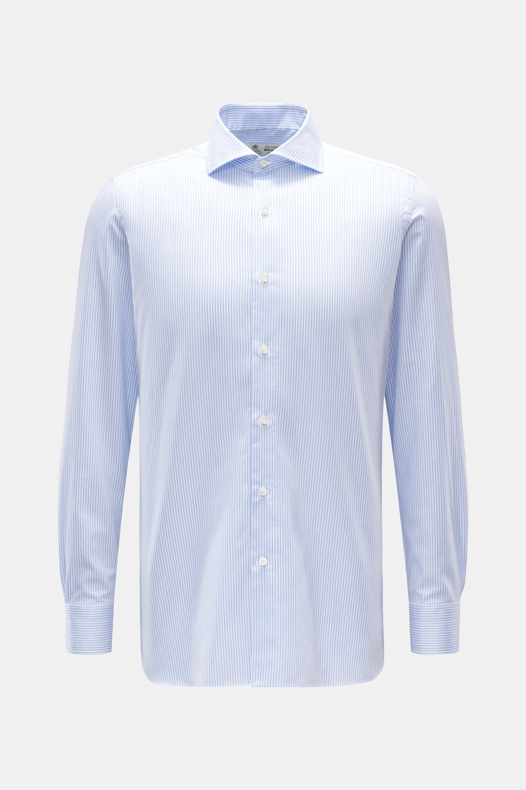 Borrelli Business Hemd 'Nando' Haifisch-Kragen weiß/blau gestreift, Frontansicht, reine Baumwolle, weicher Griff, schmale Streifen, Slim Fit, französische Knopfleiste, klassische Sportmanschette, Taillenabnäher, gerundeter Saum