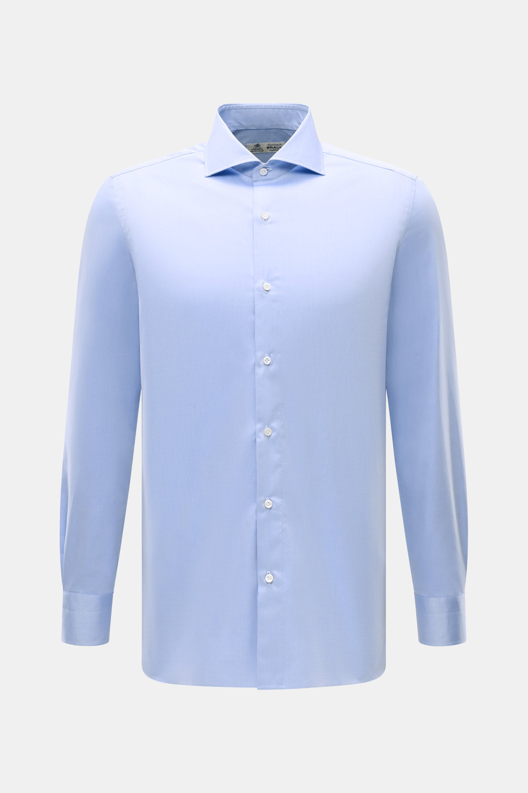 Borrelli Business Hemd 'Nando' Haifisch-Kragen hellblau, von vorne, Gabardine reine Baumwolle, weiche Qualität, Regular Fit, Perlmuttknöpfe, Sportmanschette, gerundeter Saum