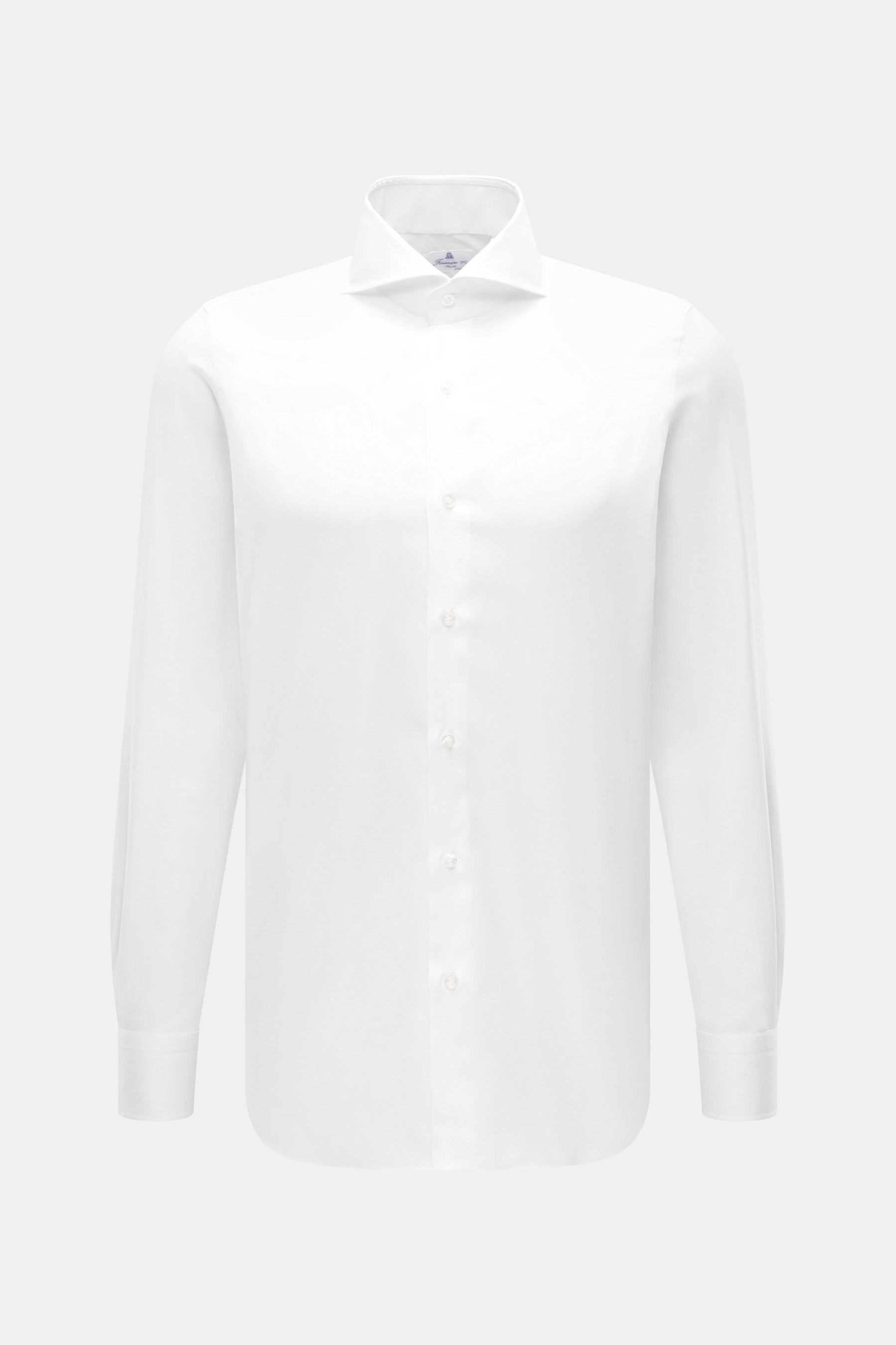 Front view of the Finamore Business Shirt 'Sergio Napoli' Spread Collar white, crafted from pure Giza cotton with smooth touch, regular fit, extra-long sleeves, French placket, classic sport cuff, and rounded hemline. Confident style in the office with ra