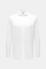 Front view of the Finamore Business Shirt 'Sergio Napoli' Spread Collar white, crafted from pure Giza cotton with smooth touch, regular fit, extra-long sleeves, French placket, classic sport cuff, and rounded hemline. Confident style in the office with ra