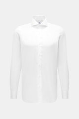 Front view of the Finamore Business Shirt 'Sergio Napoli' Spread Collar white, crafted from pure Giza cotton with smooth touch, regular fit, extra-long sleeves, French placket, classic sport cuff, and rounded hemline. Confident style in the office with ra