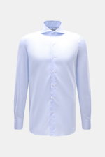 Finamore Business-Hemd 'Sergio Napoli' Haifisch-Kragen hellblau, frontale Ansicht, reine Giza-Baumwolle, glatter Griff, Regular Fit, extralange Ärmel, französische Knopfleiste, Sportmanschette, gerundeter Saum.