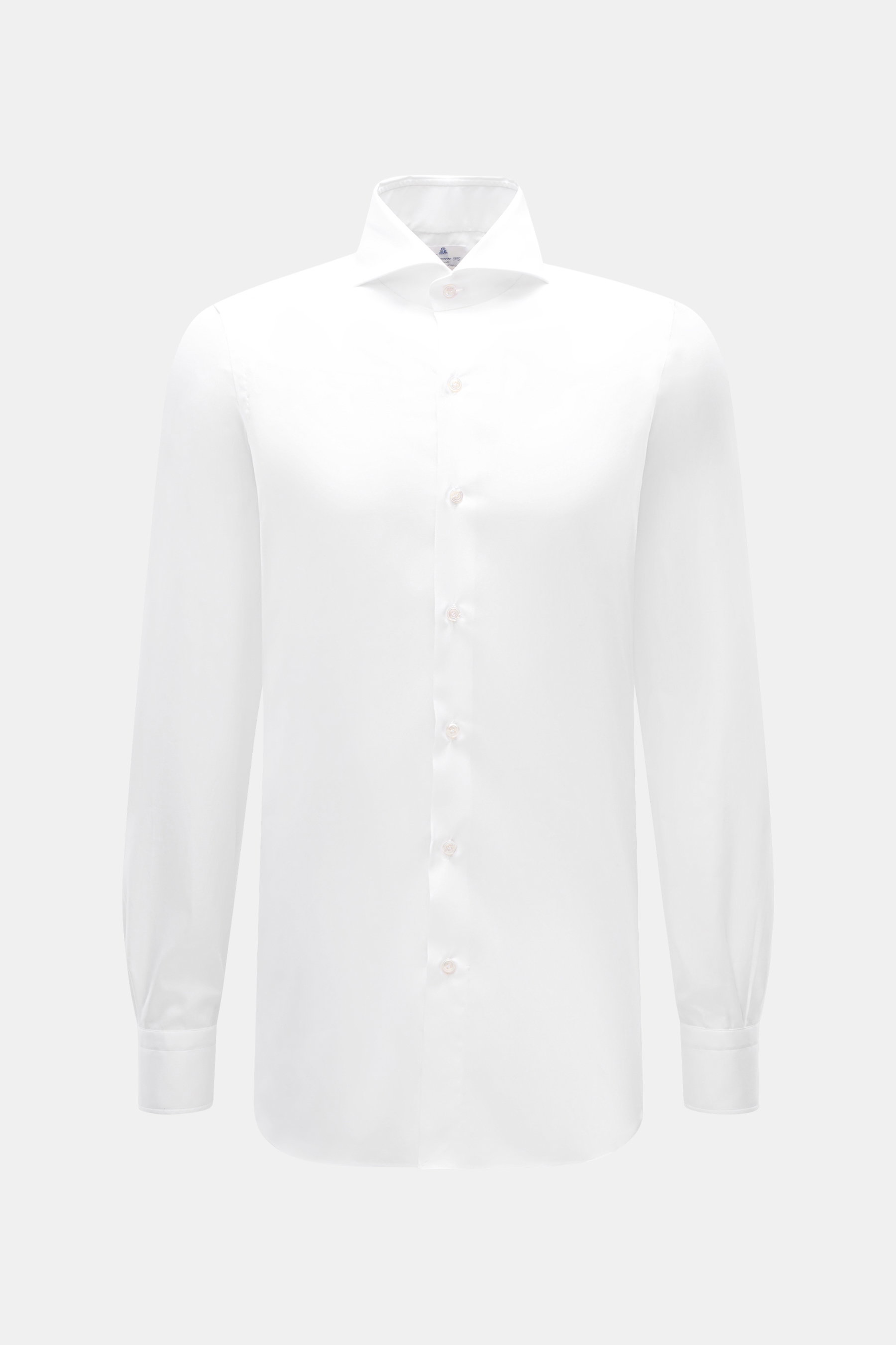 Finamore Business Shirt 'Sergio Napoli' Shark Collar White shown front view, stylish office shirt in noble twill from rare Egyptian Giza-45 cotton with smooth feel, regular fit, extra-long sleeves, French button placket, classic sport cuff, and rounded he