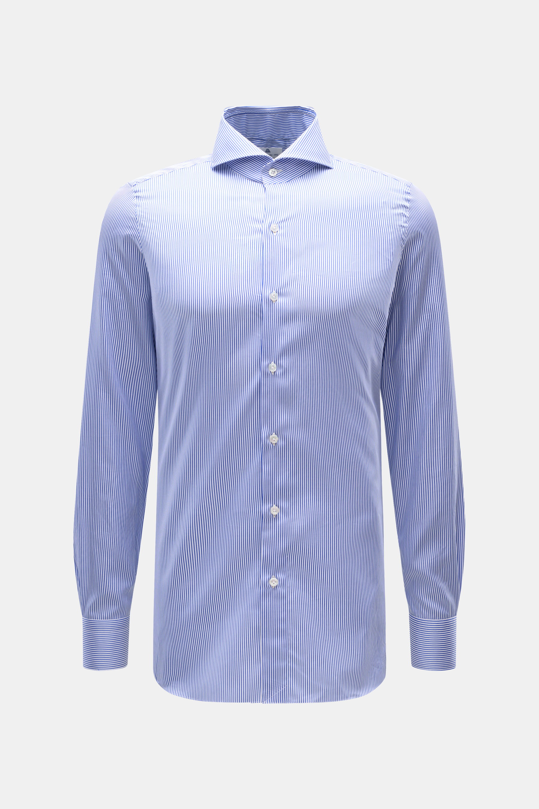 Finamore Business Shirt 'Sergio Napoli' Shark Collar Blue/White Striped seen frontally, stylish office shirt in fine Egyptian Giza-45 cotton twill with smooth feel, regular fit, extra-long sleeves, shark collar, French placket, classic sport cuff, rounded